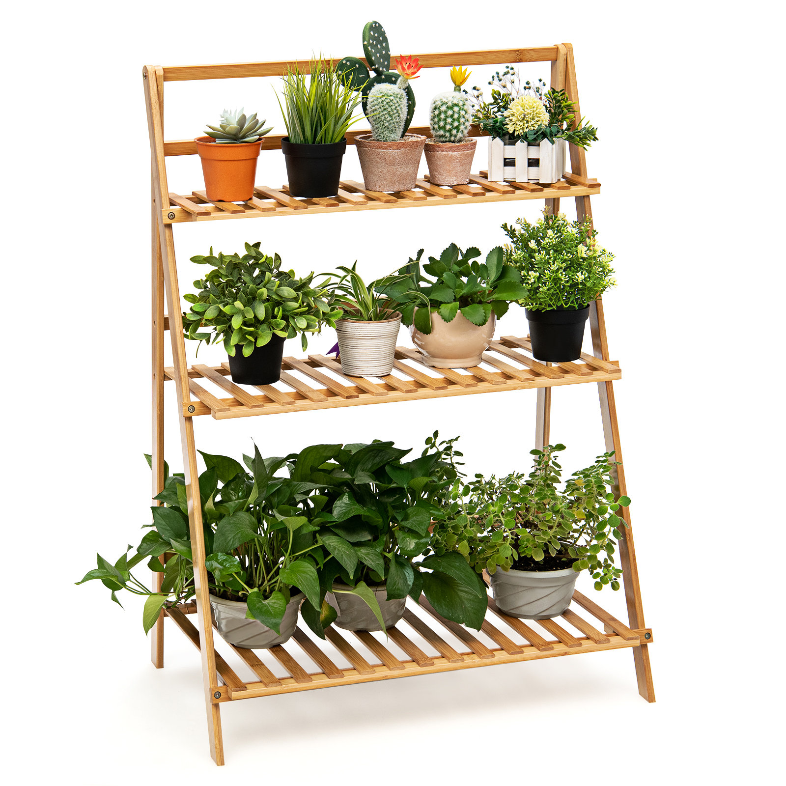 Arlmont Co 3 Tier Folding Storage Shelf Bamboo Ladder Plant Stand